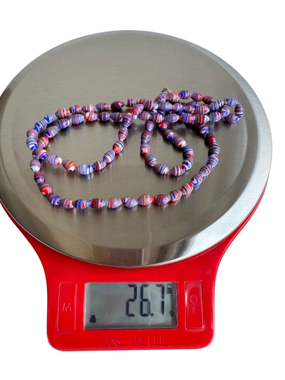 Vintage Striped Porcelain Bead Necklace Red White Blue Boho Festival Accessory - Picture 16 of 16
